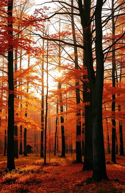A Scottish forest in autumn, filled with tall trees adorned with vibrant leaves in warm tones of orange, red, and yellow