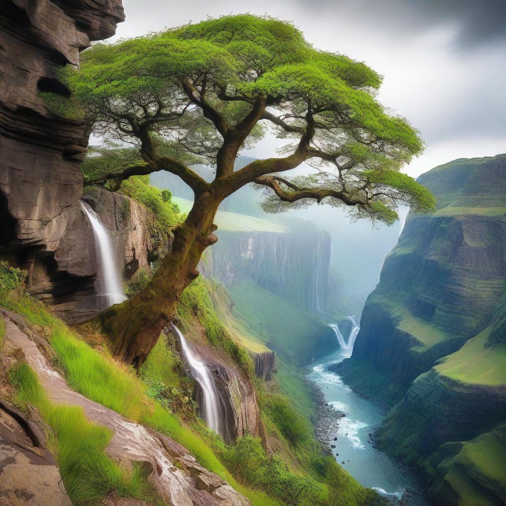 An aged, majestic tree perched precariously on the edge of a steep cliff with a waterfall crashing down into a lush, vibrant valley beneath