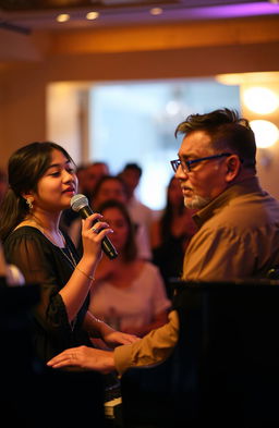 A singer and a piano player performing together in a cozy, intimate setting, surrounded by warm, soft lighting