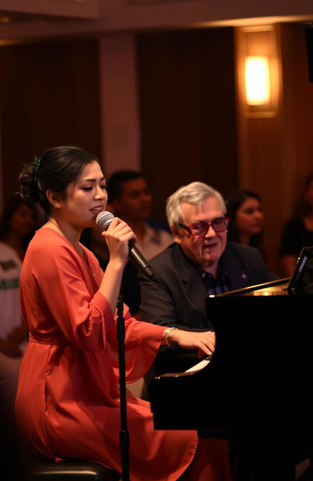 A singer and a piano player performing together in a cozy, intimate setting, surrounded by warm, soft lighting