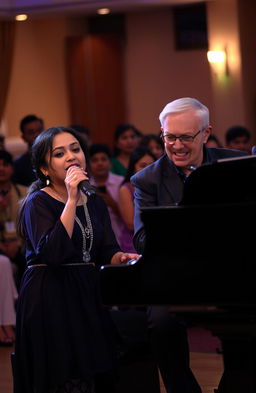 A singer and a piano player performing together in a cozy, intimate setting, surrounded by warm, soft lighting