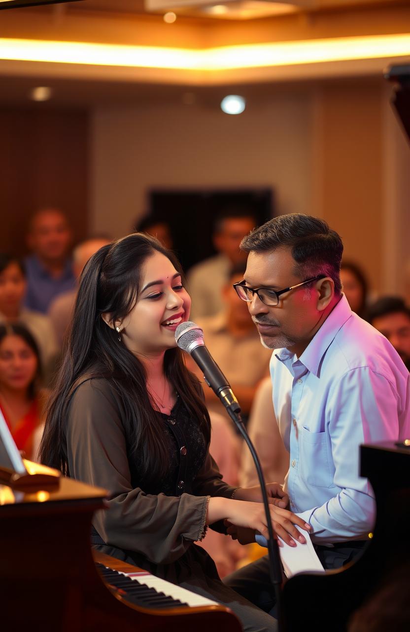 A singer and a piano player performing together in a cozy, intimate setting, surrounded by warm, soft lighting