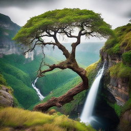 An aged, majestic tree perched precariously on the edge of a steep cliff with a waterfall crashing down into a lush, vibrant valley beneath