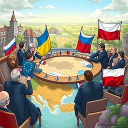 A detailed and dynamic video illustration depicting a possible conflict scenario between Ukraine and Poland, highlighting the tensions and diplomatic interactions