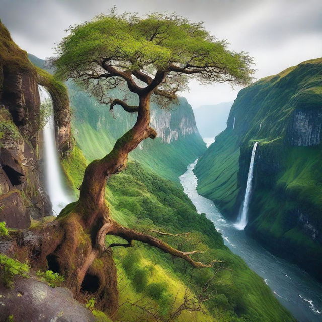 An aged, majestic tree perched precariously on the edge of a steep cliff with a waterfall crashing down into a lush, vibrant valley beneath