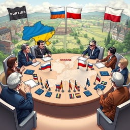 A detailed and dynamic video illustration depicting a possible conflict scenario between Ukraine and Poland, highlighting the tensions and diplomatic interactions