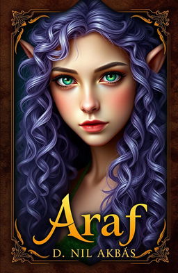 A captivating book cover for "Araf" featuring a girl with long, curly lilac hair and striking emerald green eyes, embodying the essence of an elf