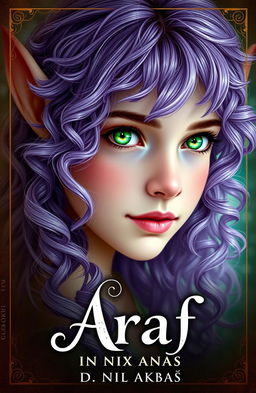 A captivating book cover for "Araf" featuring a girl with long, curly lilac hair and striking emerald green eyes, embodying the essence of an elf