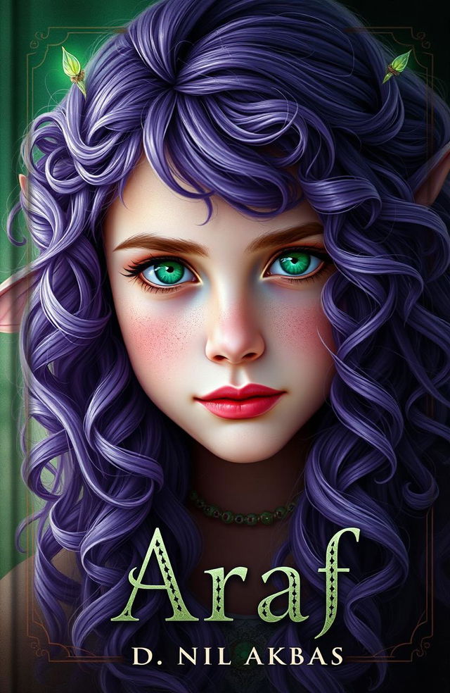 A captivating book cover for "Araf" featuring a girl with long, curly lilac hair and striking emerald green eyes, embodying the essence of an elf