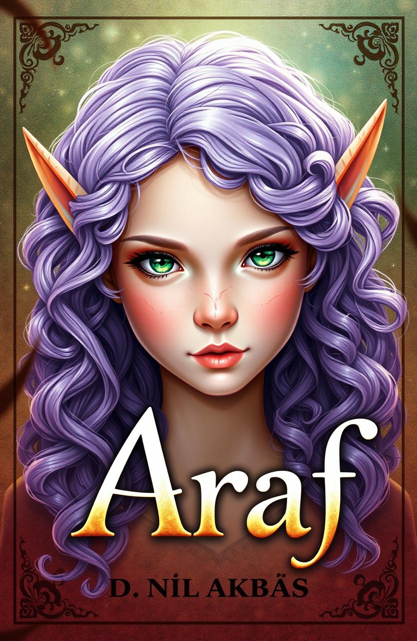 A captivating book cover for "Araf" featuring a girl with long, curly lilac hair and striking emerald green eyes, embodying the essence of an elf