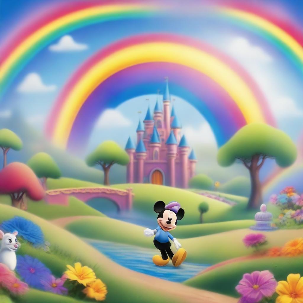 Generate an image of a whimsical fairytale scene filled with vibrant rainbows.