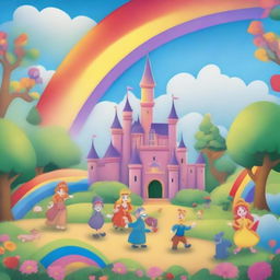 Generate an image of a whimsical fairytale scene filled with vibrant rainbows.