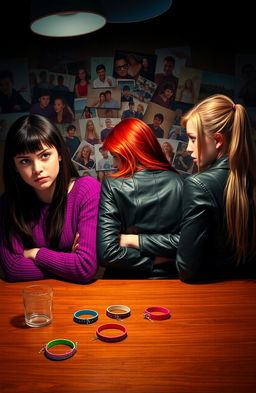 Three teenage girls sitting at a table in a dimly lit room, their expressions showing a mix of anger, jealousy, and sadness