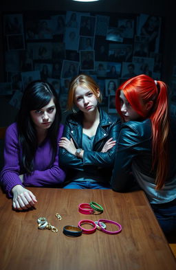 Three teenage girls sitting at a table in a dimly lit room, their expressions showing a mix of anger, jealousy, and sadness