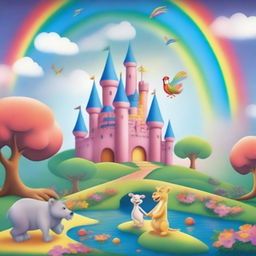 Generate an image of a whimsical fairytale scene filled with vibrant rainbows.