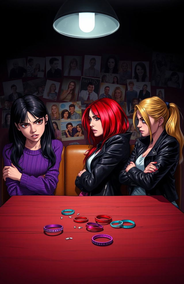 Three teenage girls sitting at a table in a dimly lit room, their expressions showing a mix of anger, jealousy, and sadness