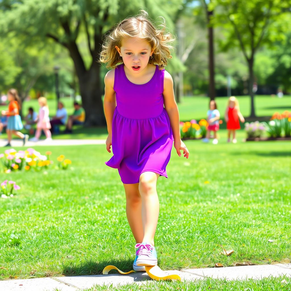 A playful scene featuring a girl in a vibrant purple dress, showing a surprised expression after slipping on a banana peel, causing her dress to slide up slightly
