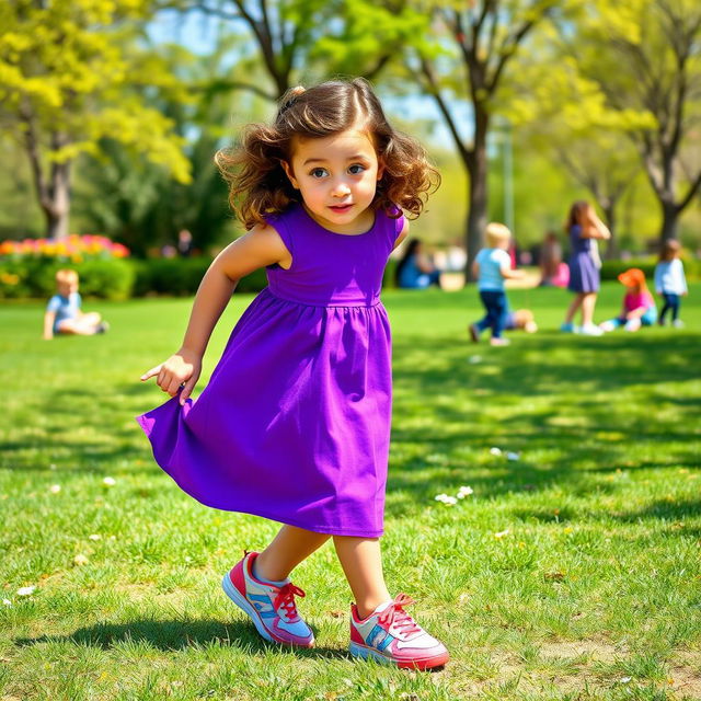 A playful scene featuring a girl in a vibrant purple dress, showing a surprised expression after slipping on a banana peel, causing her dress to slide up slightly