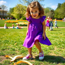 A playful scene featuring a girl in a vibrant purple dress, showing a surprised expression after slipping on a banana peel, causing her dress to slide up slightly