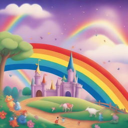 Generate an image of a whimsical fairytale scene filled with vibrant rainbows.