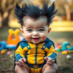 A cute and imaginative baby version of Logan Wolverine, featuring a chubby baby with long, shaggy black hair resembling Wolverine's iconic hairstyle