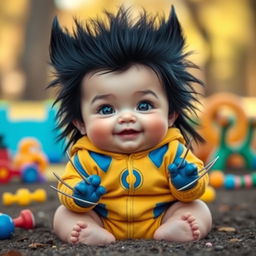A cute and imaginative baby version of Logan Wolverine, featuring a chubby baby with long, shaggy black hair resembling Wolverine's iconic hairstyle