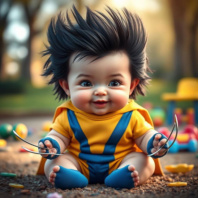 A cute and imaginative baby version of Logan Wolverine, featuring a chubby baby with long, shaggy black hair resembling Wolverine's iconic hairstyle