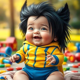 A cute and imaginative baby version of Logan Wolverine, featuring a chubby baby with long, shaggy black hair resembling Wolverine's iconic hairstyle