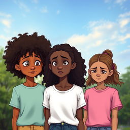 Three girls in a toxic friendship scenario, the tallest girl has caramel skin and real curly hair, standing confidently