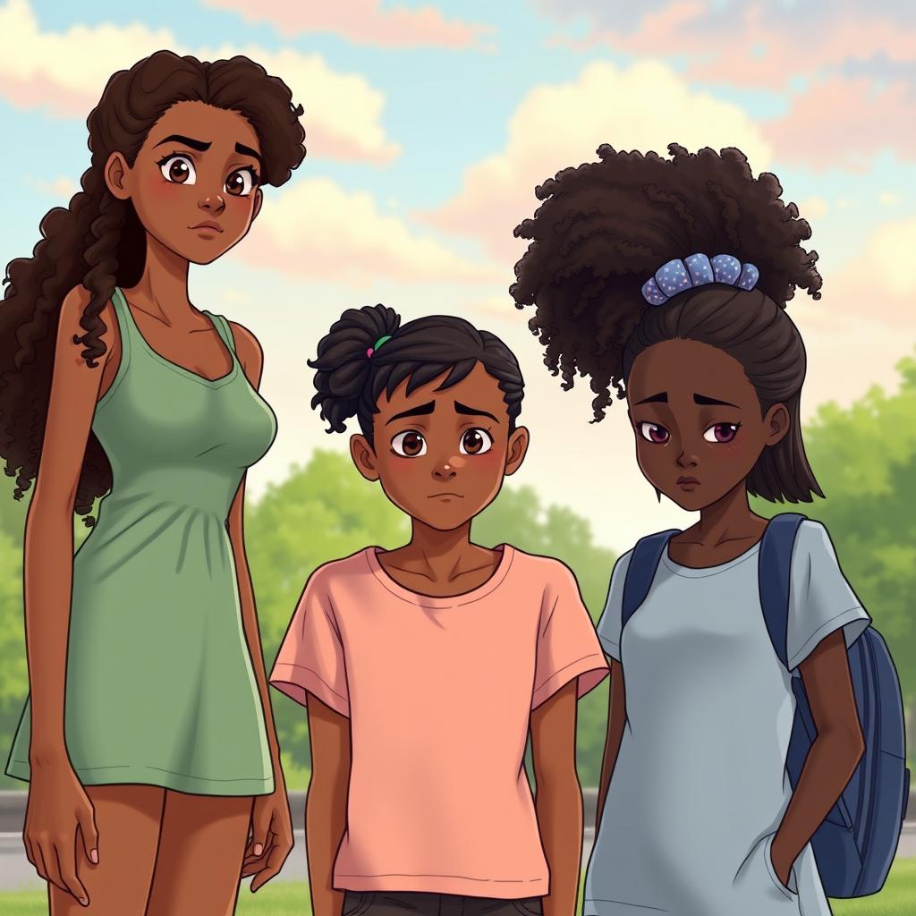 Three girls in a toxic friendship scenario, the tallest girl has caramel skin and real curly hair, standing confidently