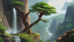 An ancient, towering tree teetering on the brink of a sheer cliff, with a powerful waterfall spilling into a verdant, flourishing valley below