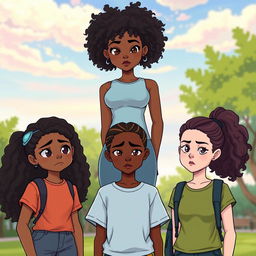 Three girls in a toxic friendship scenario, the tallest girl has caramel skin and real curly hair, standing confidently