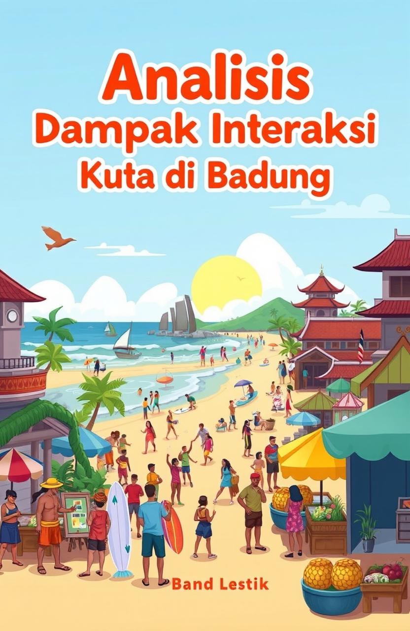 An engaging cartoon-style ebook cover featuring the title "Analisis Dampak Interaksi Kuta di Badung" prominently displayed