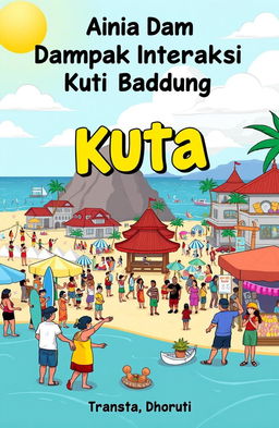 An engaging cartoon-style ebook cover featuring the title "Analisis Dampak Interaksi Kuta di Badung" prominently displayed