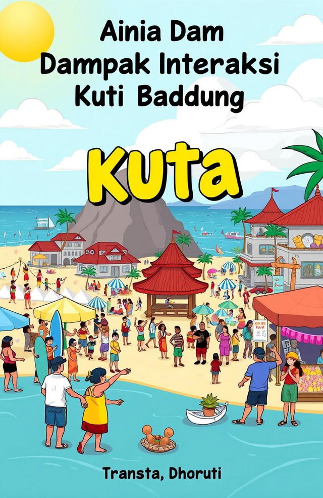 An engaging cartoon-style ebook cover featuring the title "Analisis Dampak Interaksi Kuta di Badung" prominently displayed