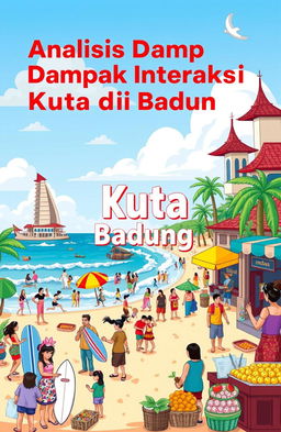 An engaging cartoon-style ebook cover featuring the title "Analisis Dampak Interaksi Kuta di Badung" prominently displayed
