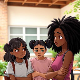Three girls in a toxic friendship scene, with the tallest girl showcasing beautiful caramel skin and real curly hair, exuding a sense of confidence