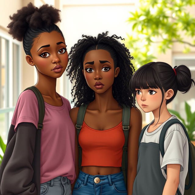 Three girls in a toxic friendship scene, with the tallest girl showcasing beautiful caramel skin and real curly hair, exuding a sense of confidence