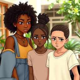 Three girls in a toxic friendship scene, with the tallest girl showcasing beautiful caramel skin and real curly hair, exuding a sense of confidence