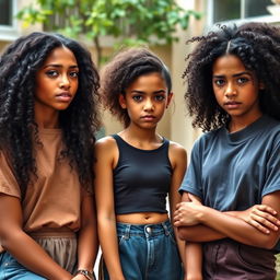 Three girls in a toxic friendship scene, with the tallest girl showcasing beautiful caramel skin and real curly hair, exuding a sense of confidence
