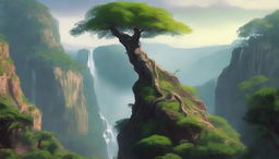 An ancient, towering tree teetering on the brink of a sheer cliff, with a powerful waterfall spilling into a verdant, flourishing valley below