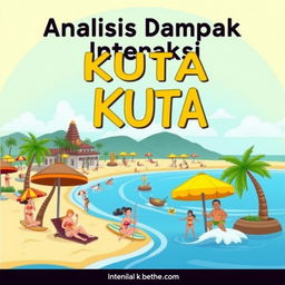 An appealing cartoon-style ebook cover for the title "Analisis Dampak Interaksi Kuta di Badung" prominently displayed at the top