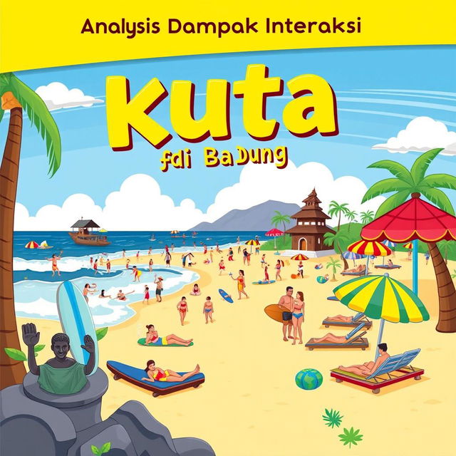 An appealing cartoon-style ebook cover for the title "Analisis Dampak Interaksi Kuta di Badung" prominently displayed at the top