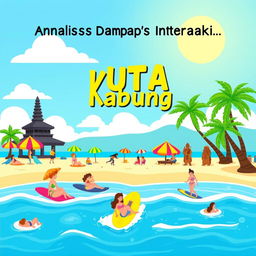 An appealing cartoon-style ebook cover for the title "Analisis Dampak Interaksi Kuta di Badung" prominently displayed at the top