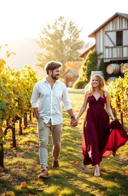 A beautiful romantic scene set in a sun-drenched vineyard during autumn