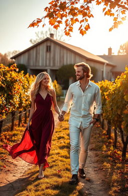 A beautiful romantic scene set in a sun-drenched vineyard during autumn