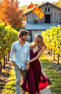 A beautiful romantic scene set in a sun-drenched vineyard during autumn