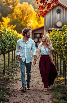 A beautiful romantic scene set in a sun-drenched vineyard during autumn