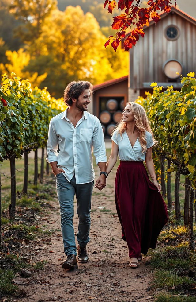 A beautiful romantic scene set in a sun-drenched vineyard during autumn