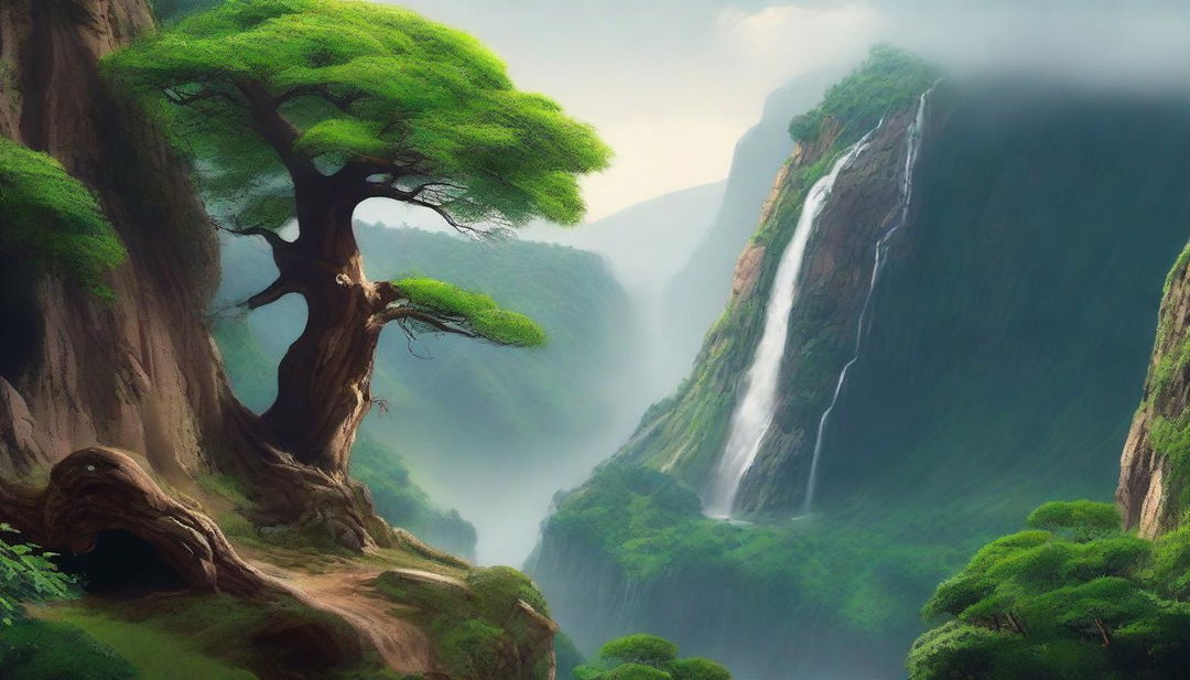 An ancient, towering tree teetering on the brink of a sheer cliff, with a powerful waterfall spilling into a verdant, flourishing valley below